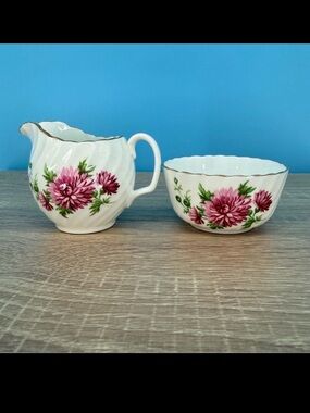 Vintage Adderley Fine Bone China Creamer & Sugar Bowl Set, Pink Mums, England